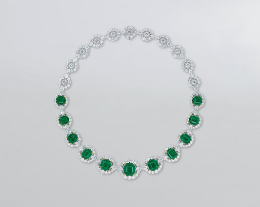 Emerald Cut Colombian Emerald and Diamond Necklace